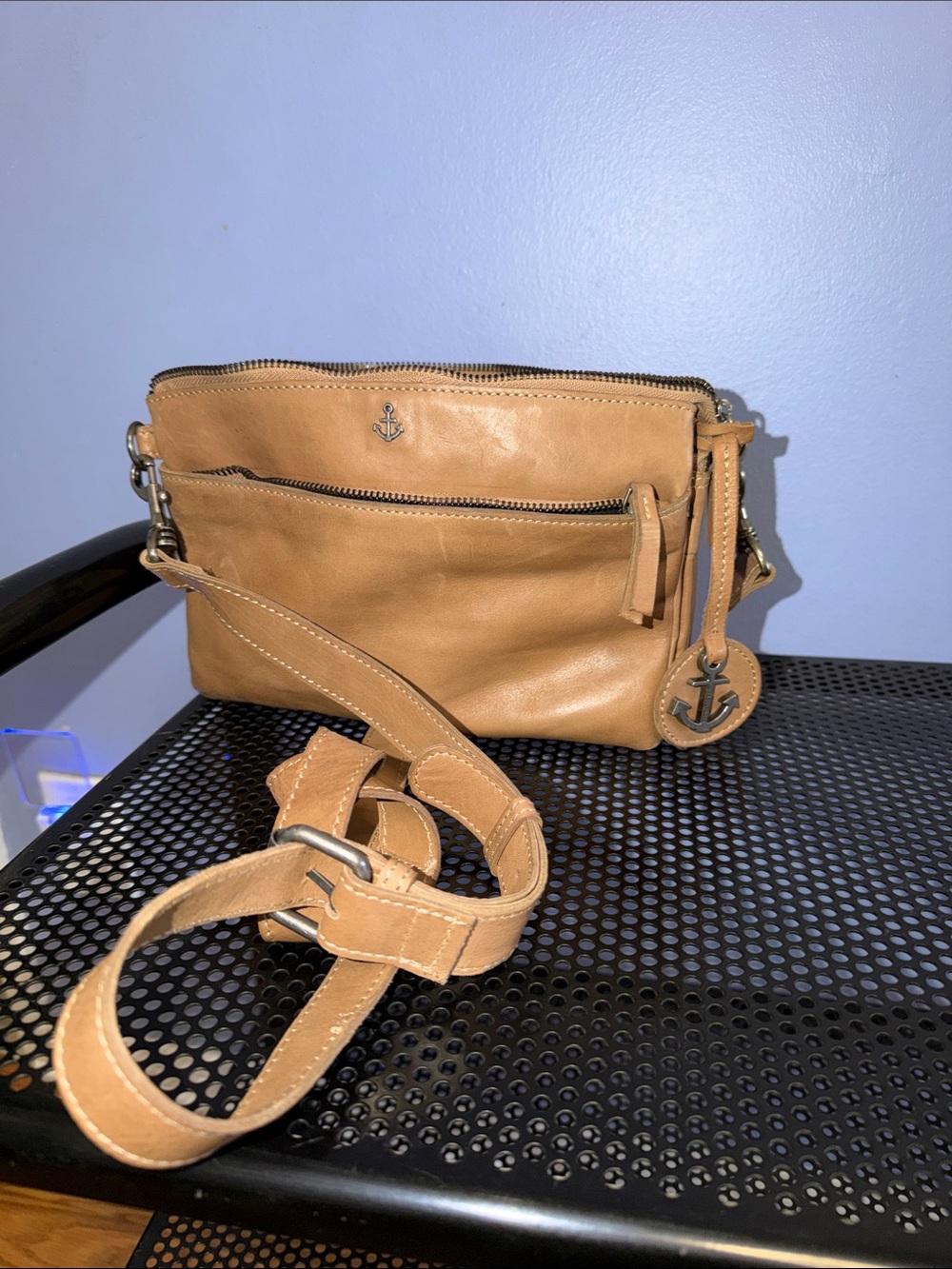 Tan Leather Crossbody Bag with Anchor Charm